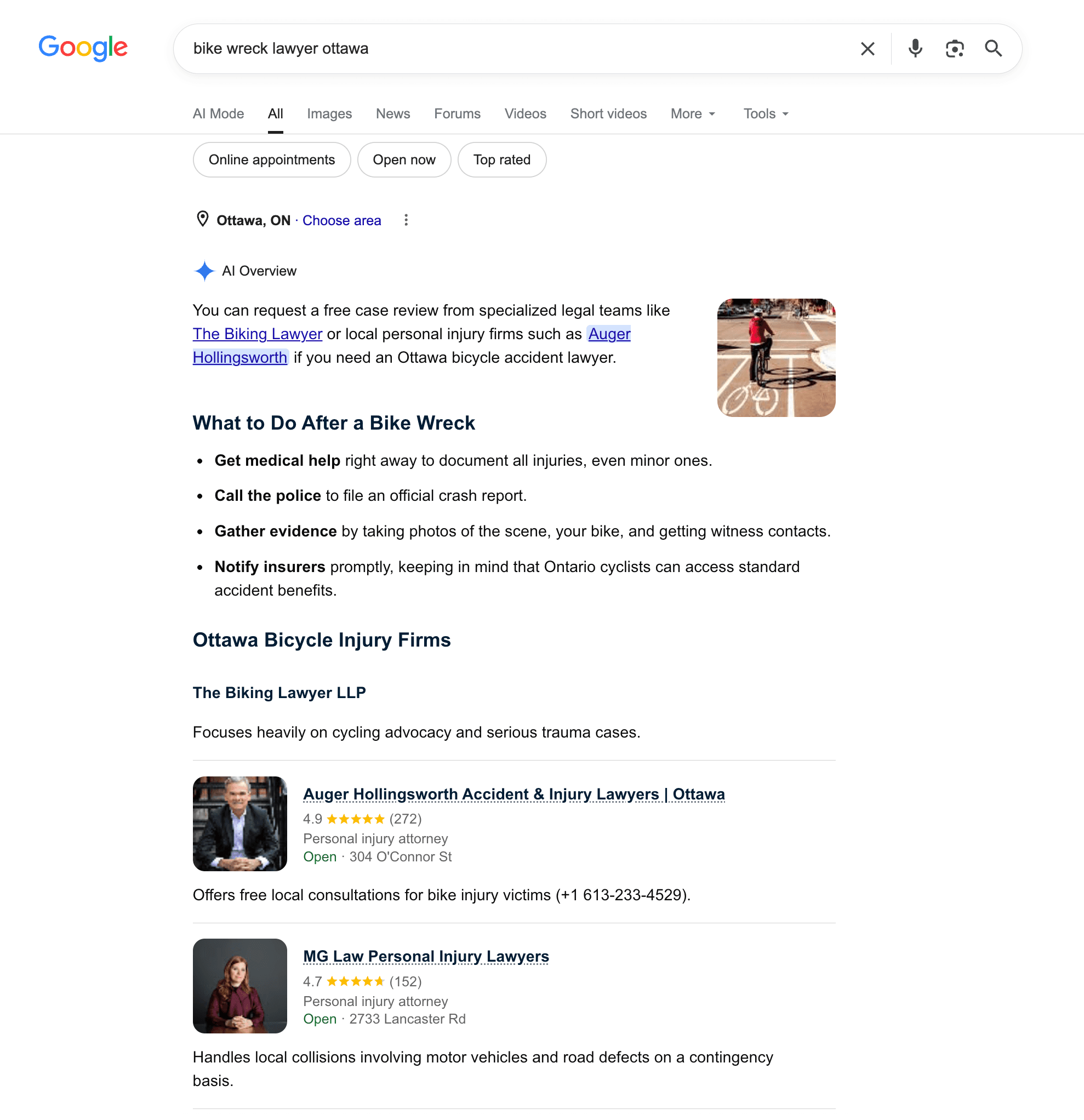 Google AI Overview for bike wreck lawyer Ottawa showing MG Law Personal Injury Lawyers among Ottawa injury firms.
