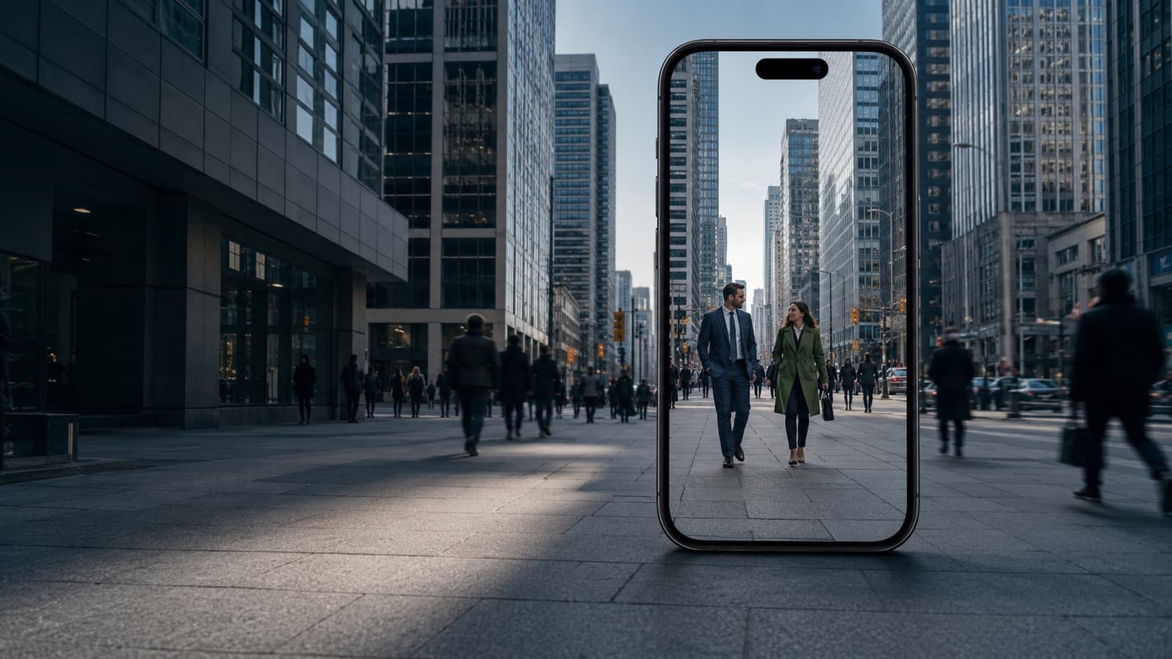 Professionals in a downtown business district framed through a smartphone, representing digital discovery for law firms.