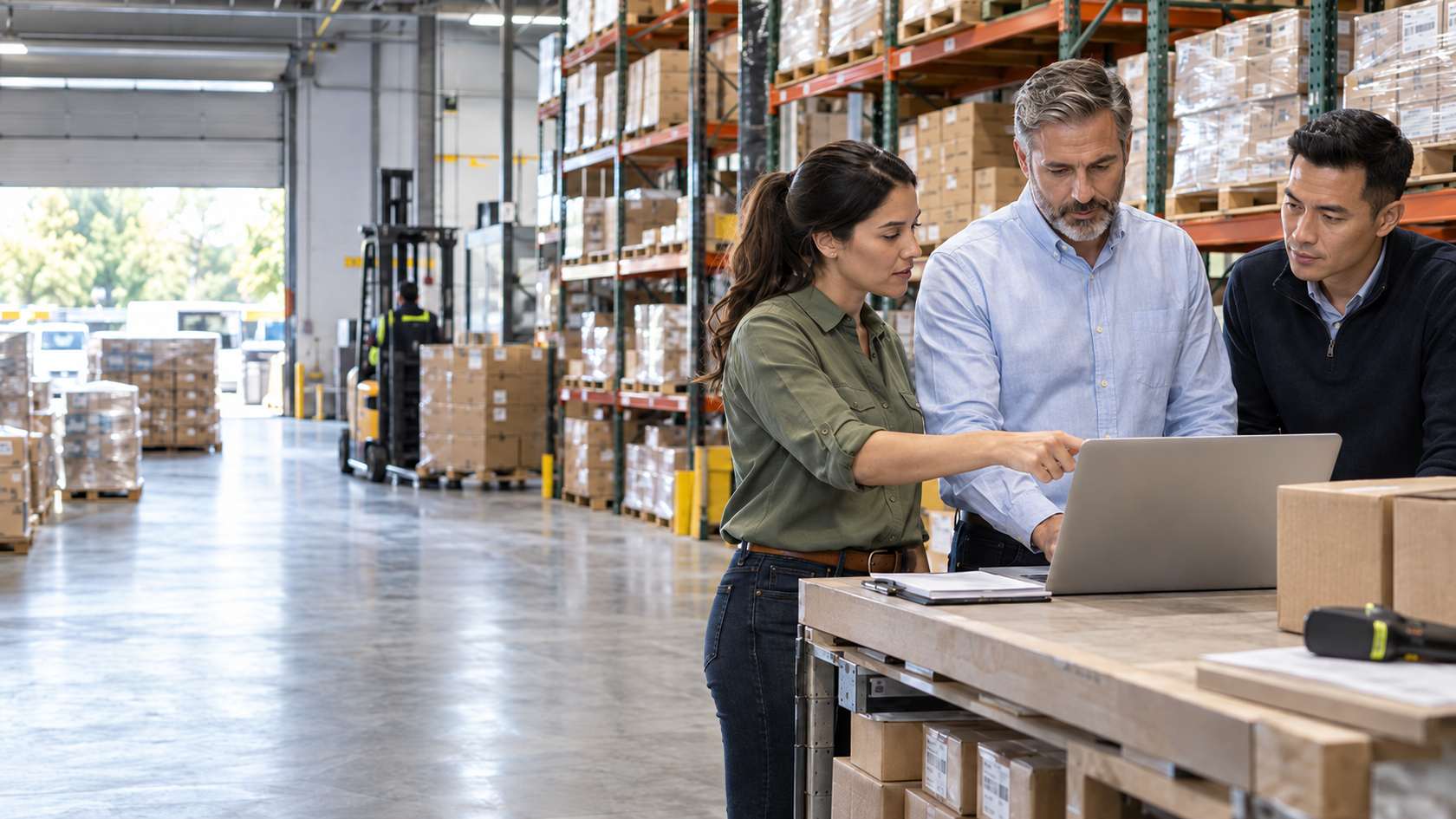A wholesale team reviewing orders on a laptop at a pallet station in a distribution warehouse, with racked stock and a forklift behind them