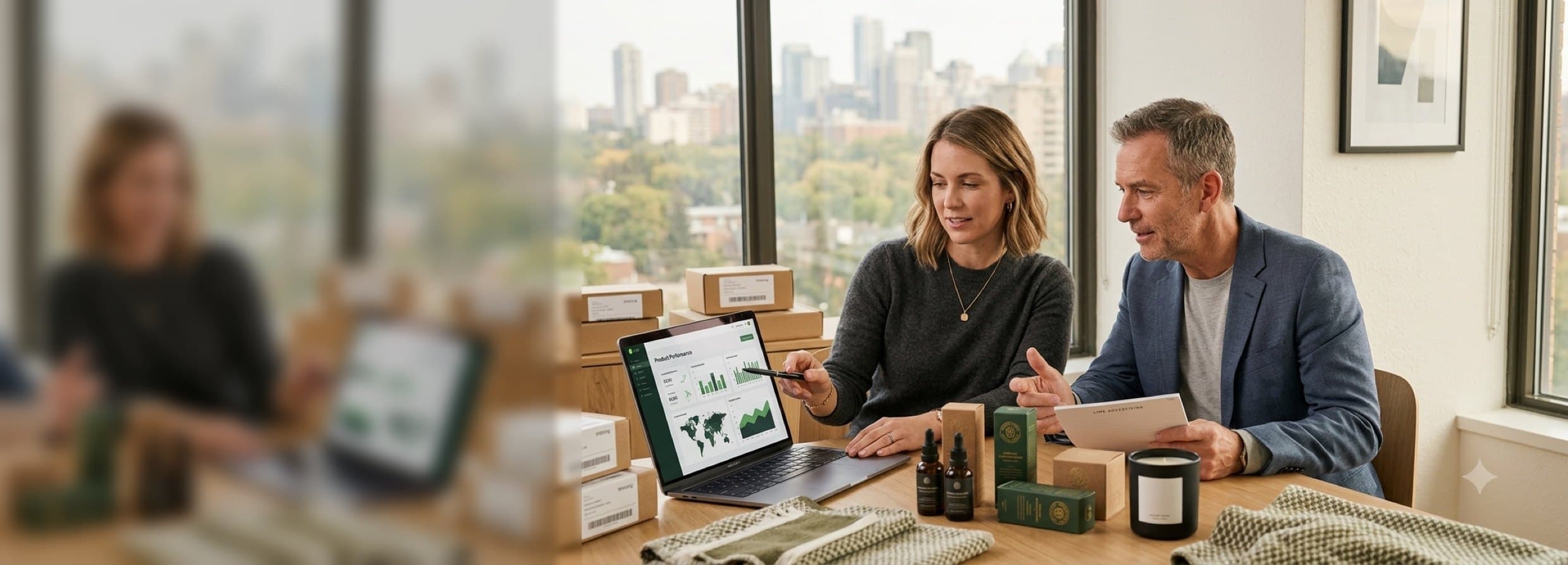 A product-brand team reviewing performance beside packed orders and products