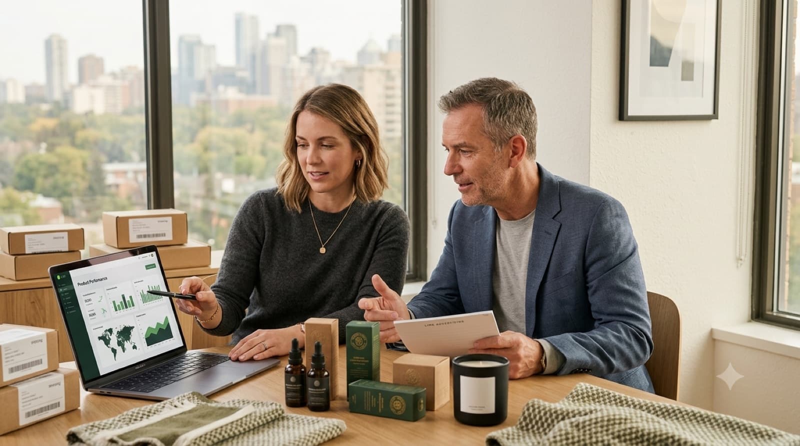 An ecommerce brand team reviewing product performance and revenue on a laptop beside packed orders