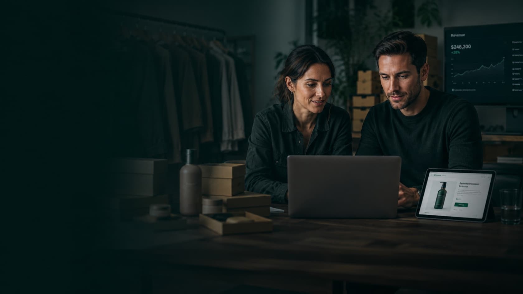 Ecommerce founders reviewing revenue growth beside their product line