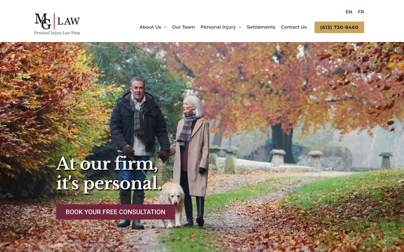The MG Law website rebuilt by Lime — homepage with clear practice areas and a prominent free consultation booking button
