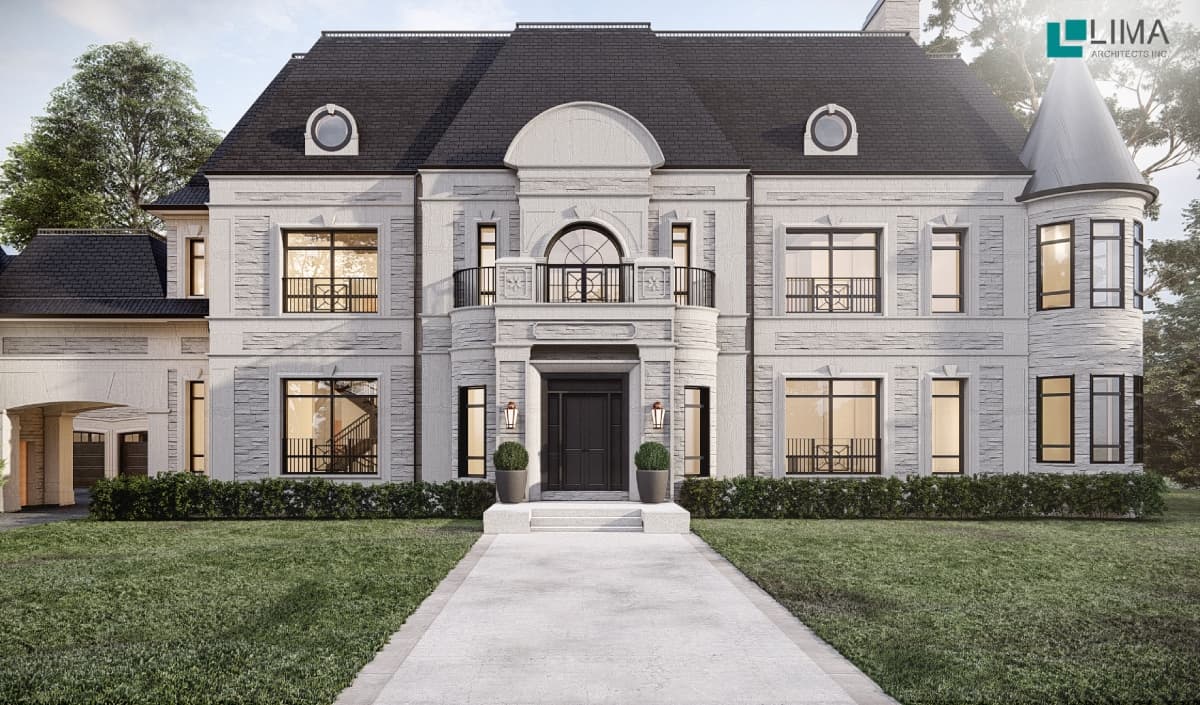 The Grand Manor, a classical custom manor residence designed by Lima Architects, with stone detailing, a turret and a formal entrance