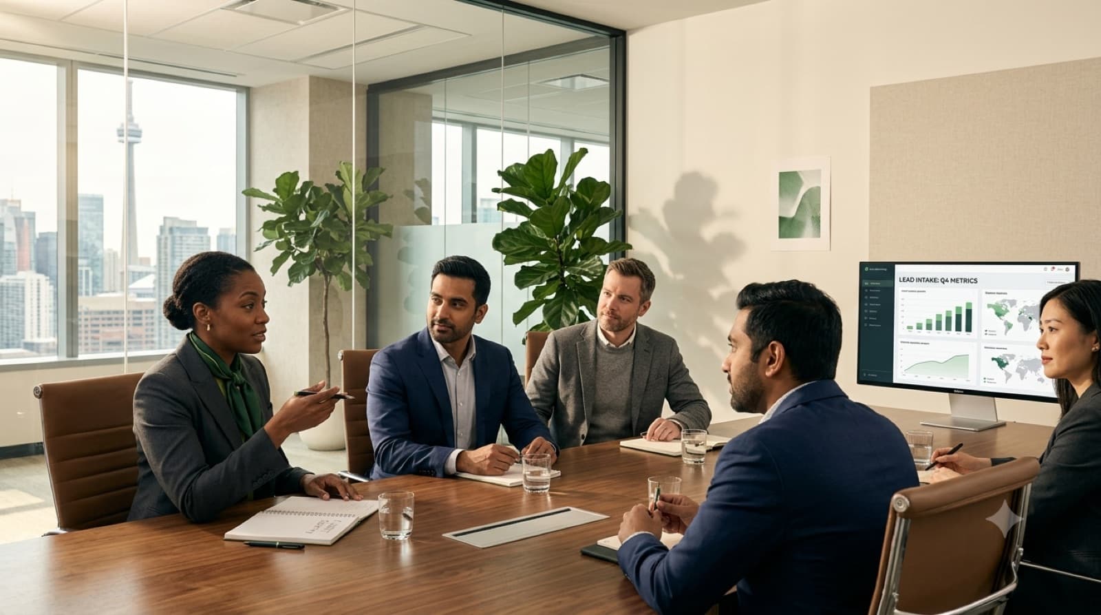 A leadership team reviewing lead-intake and visibility metrics on a boardroom screen, Toronto skyline beyond the glass