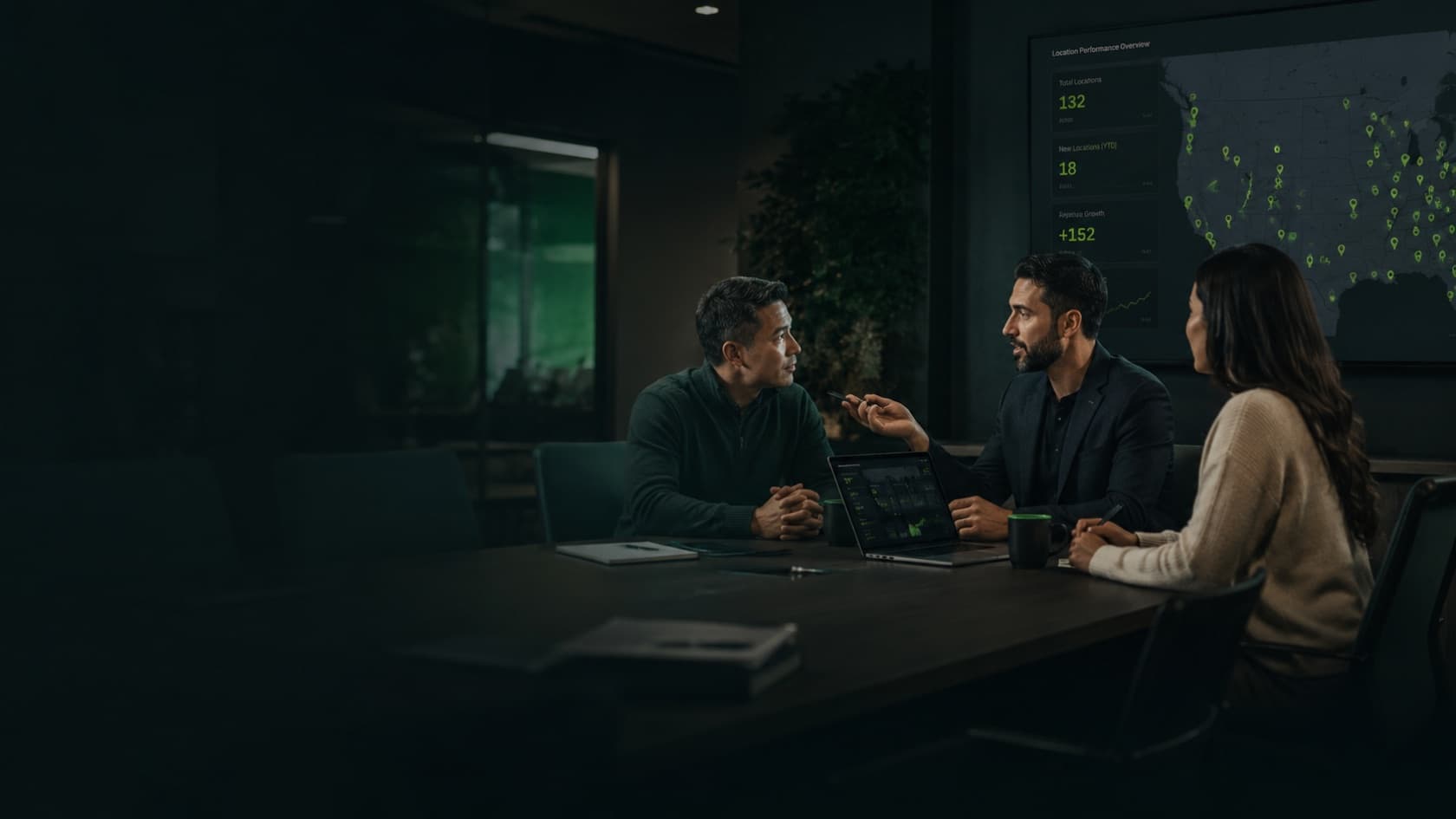 A franchise leadership team reviewing location-level performance on a dashboard