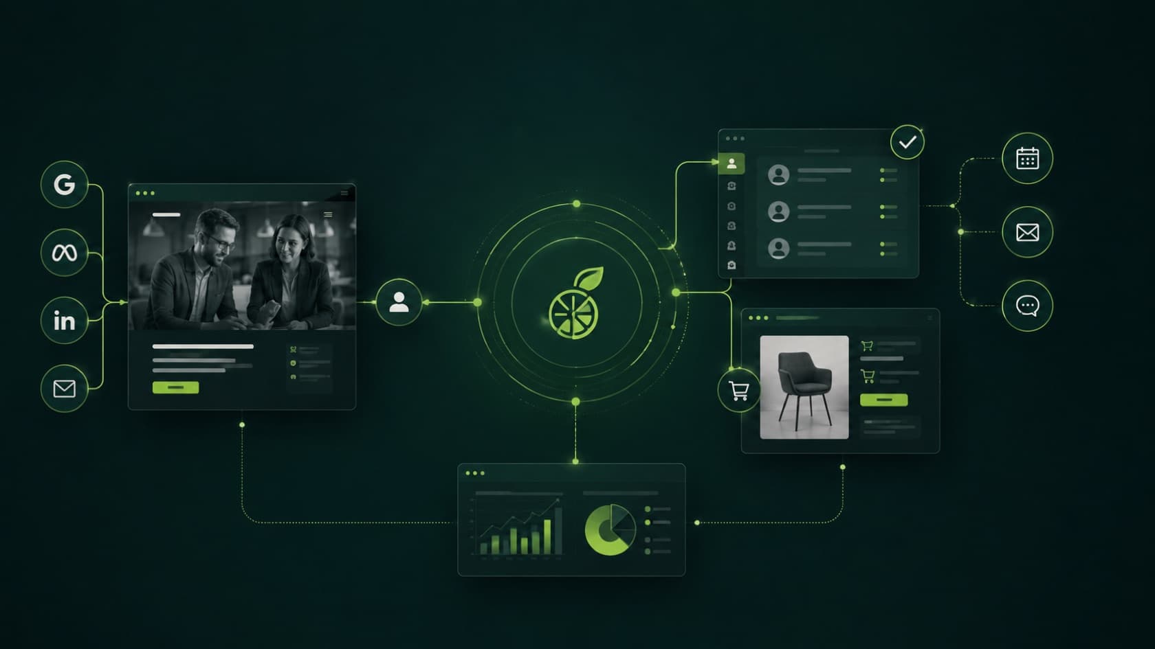 The Lime Growth System: channels feeding one connected core of CRM, automation, and reporting