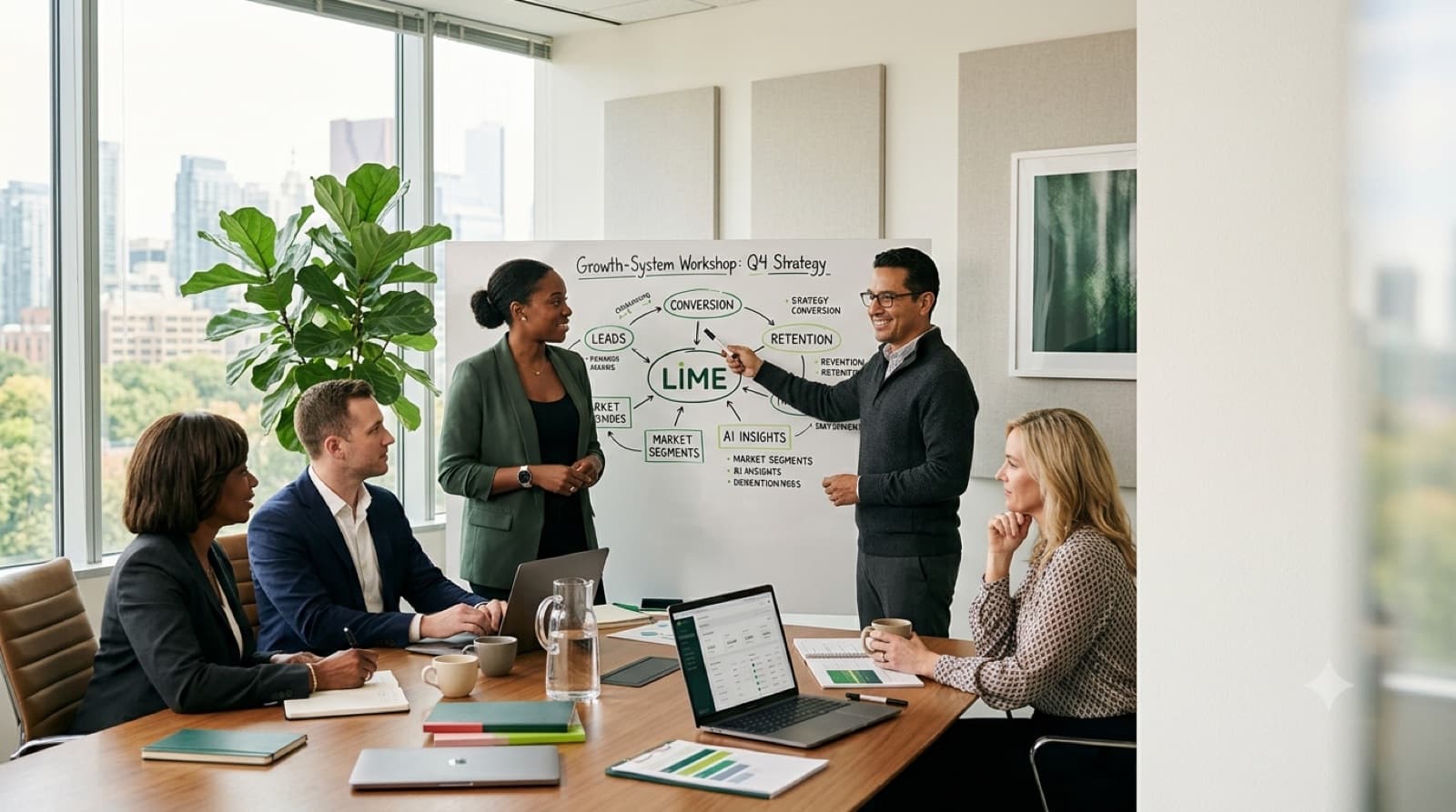 A Lime strategy team leading a growth-system workshop at a whiteboard, mapping leads, conversion, and retention around the business